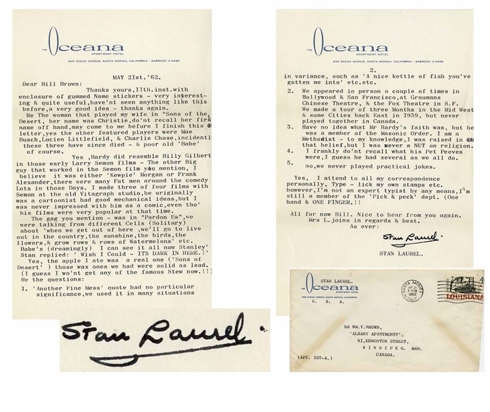 Stan Laurel Letter Signed With His Full Signature, ''Stan Laurel'' -- ''...'Another Fine Mess' quote had no particular significance, we used it in many situations...''
